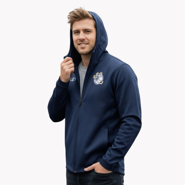 Man smiling in a navy blue C2C Glide SlimFit HP Tech zip hoodie with his left hand in the pocket on a white background.