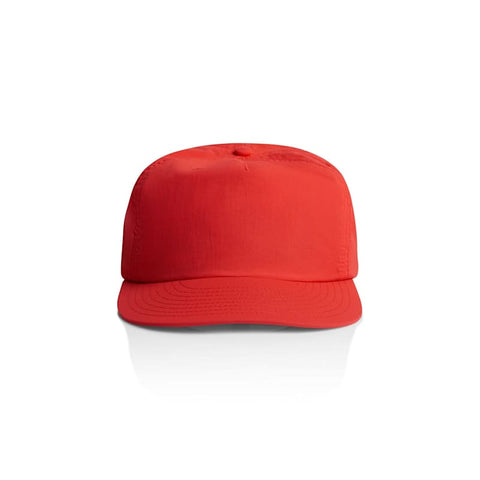 A red cap with a structured design and a curved brim, featuring a logo on the front.