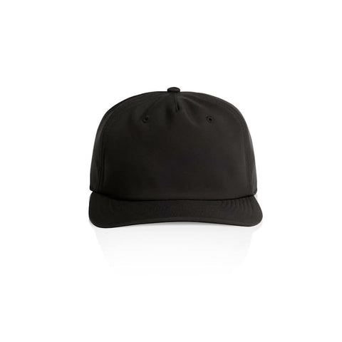 A black cap with a slightly curved brim and a plain design, featuring a logo on the front.