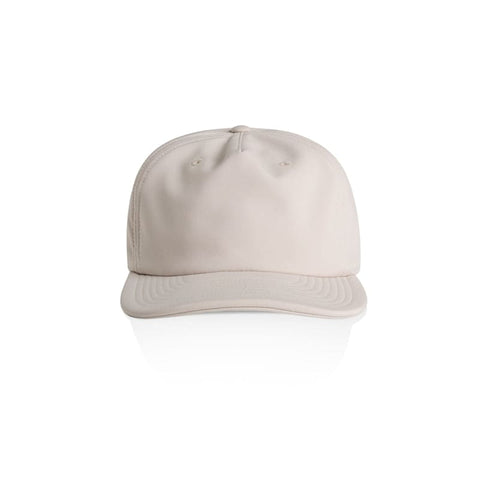 A beige cap with a flat brim and a logo on the front, showcasing a simple and modern design.