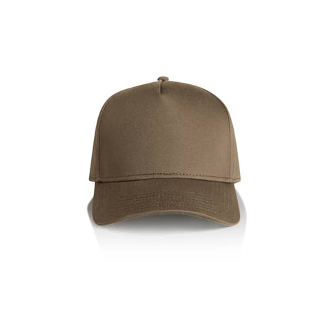 A brown cap with a structured front and adjustable strap at the back, featuring a logo on the side.