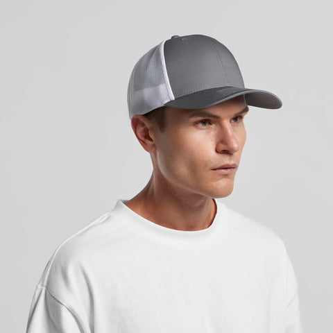 A grey trucker cap with a white mesh back, featuring a logo on the front. Casual style with a structured fit.