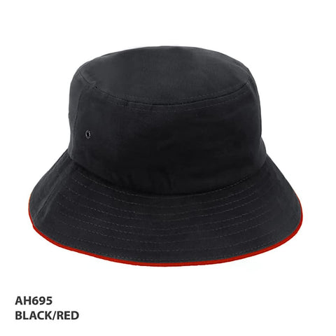 A black bucket hat with a red brim and an eyelet, featuring a logo.