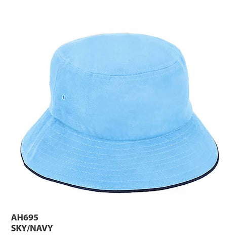 A sky blue bucket hat with a navy trim and a logo on the side.