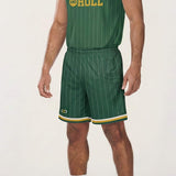 Green pinstripe basketball uniform with above the knee cut shorts