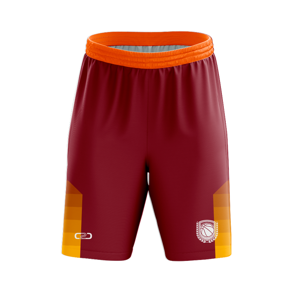 Miners 21 red and orange basketball shorts with a small logo on the right leg and an elastic waistband.