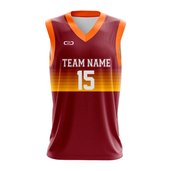 A front view of a customizable Miner 21 basketball singlet featuring bold red, orange, and yellow colors.